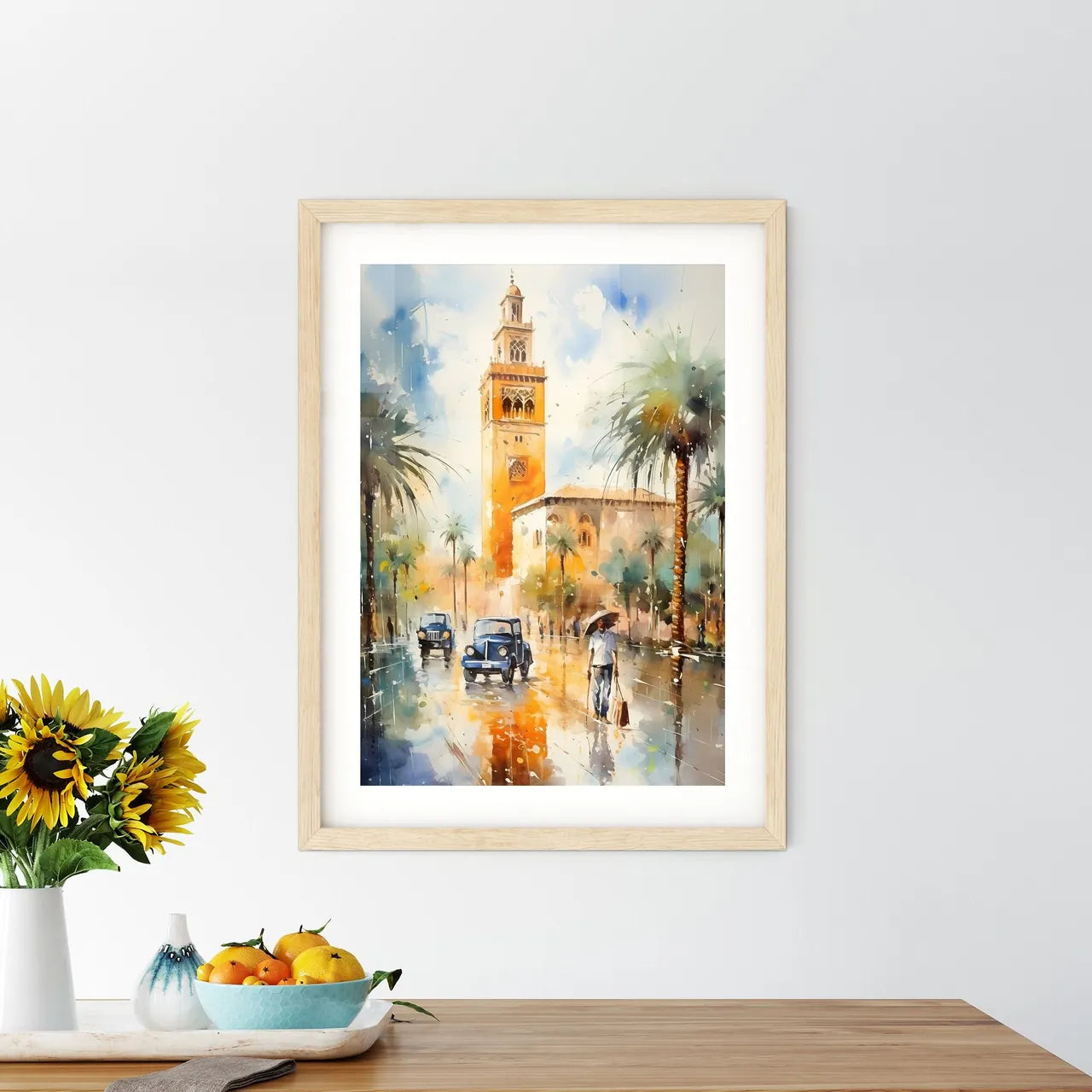 Famous Koutoubia Mosque In The City Of Marrakech - A Watercolor Painting Of A Street With Palm Trees And A Clock Tower Custom Print