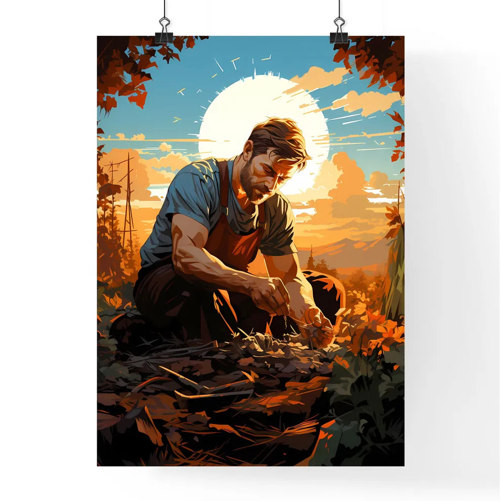Farmer Sowing Seeds With Sunburst Done In Re Poster