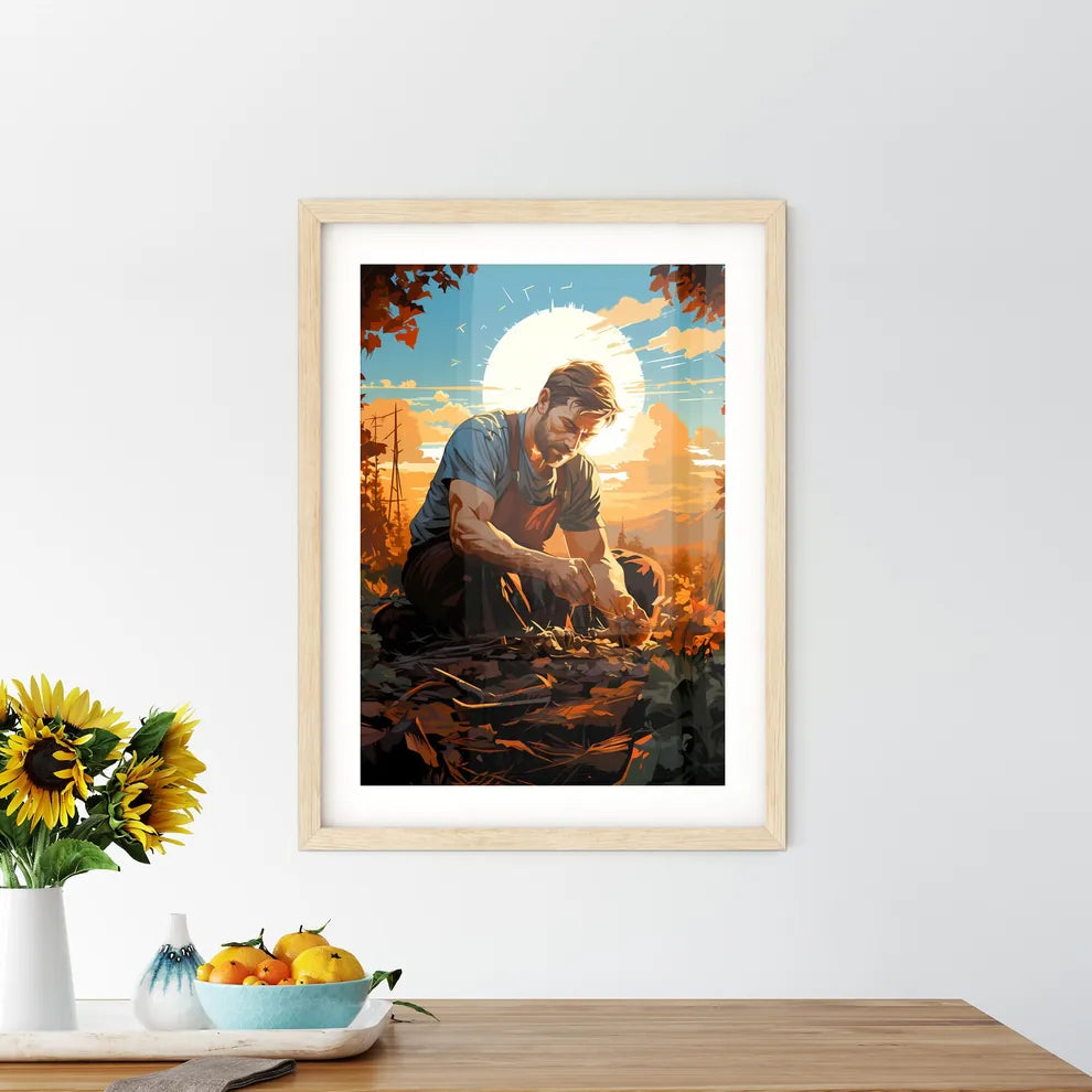 Farmer Sowing Seeds With Sunburst Done In Re Framed Print