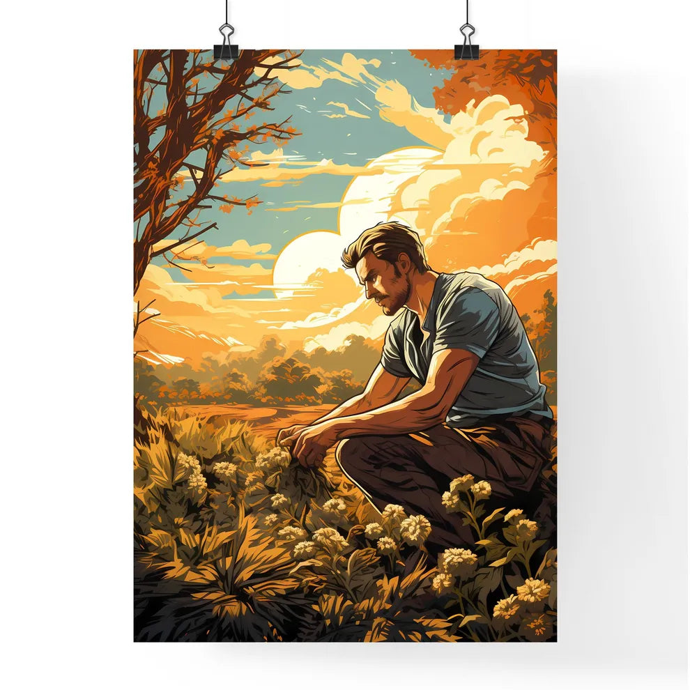 Farmer Sowing Seeds With Sunburst Done In Re Poster