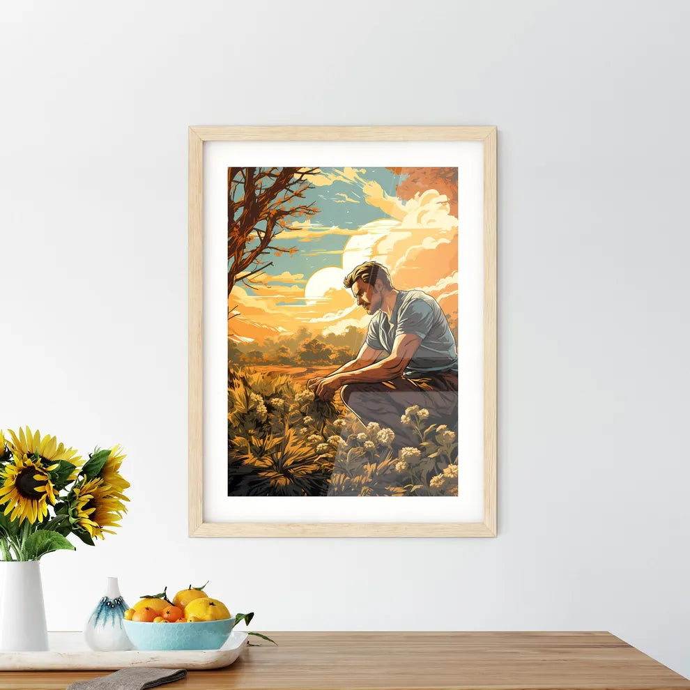 Farmer Sowing Seeds With Sunburst Done In Re Framed Print