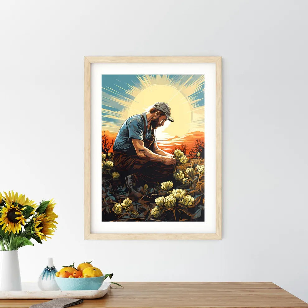 Farmer Sowing Seeds With Sunburst Done In Re Framed Print