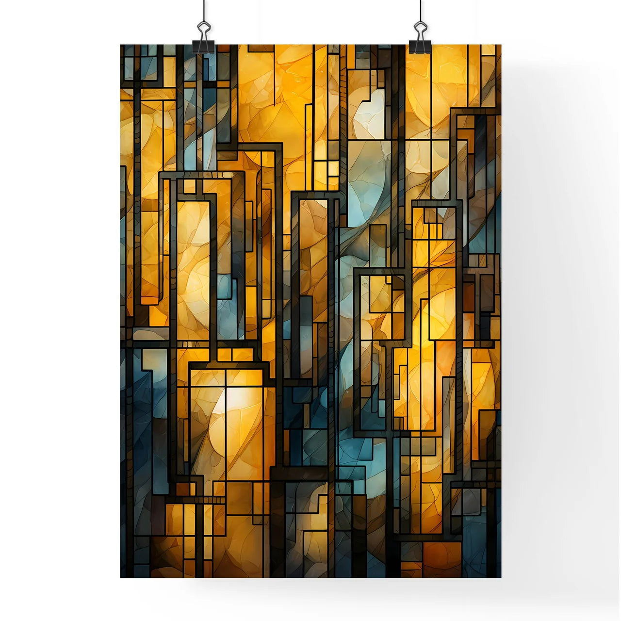 Geometric Ornament In Art Deco Style In Old Gold - A Stained Glass Window With Black Lines Poster