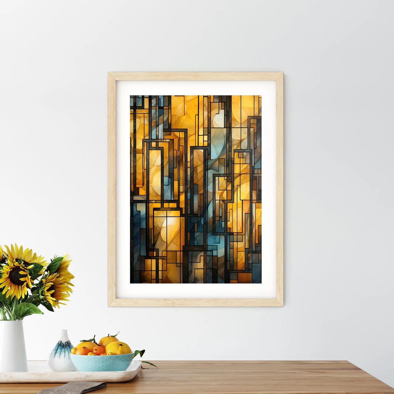 Geometric Ornament In Art Deco Style In Old Gold - A Stained Glass Window With Black Lines Custom Print