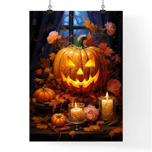 Halloween Pumpkin Lantern With Autumn Leaves Poster