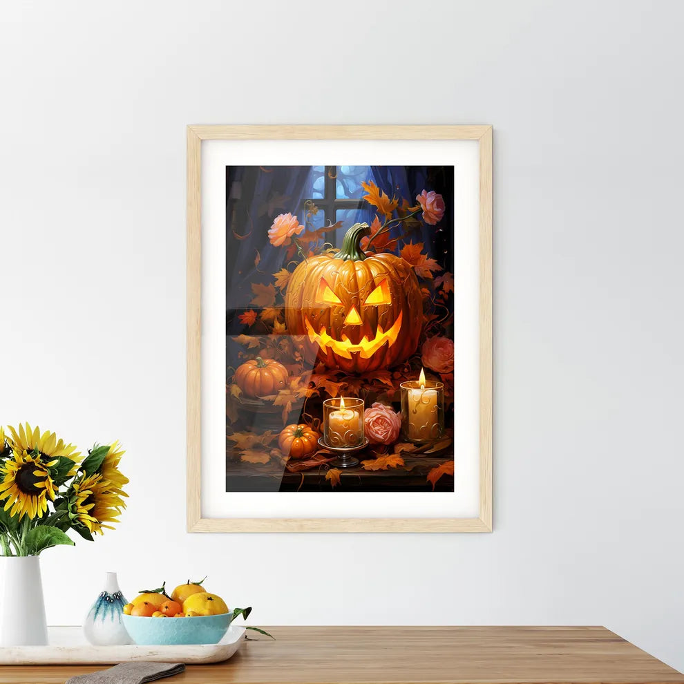 Halloween Pumpkin Lantern With Autumn Leaves Framed Print