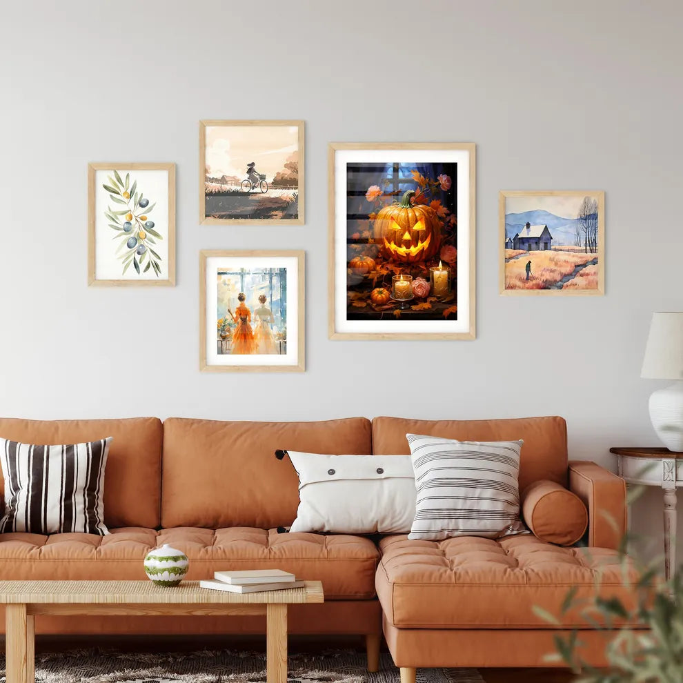 Halloween Pumpkin Lantern With Autumn Leaves Wall Art