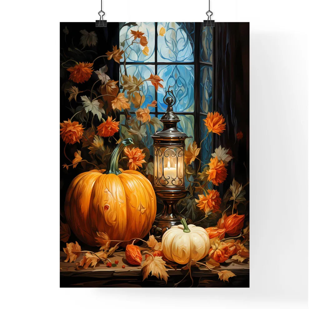 Halloween Pumpkin Lantern With Autumn Leaves Poster