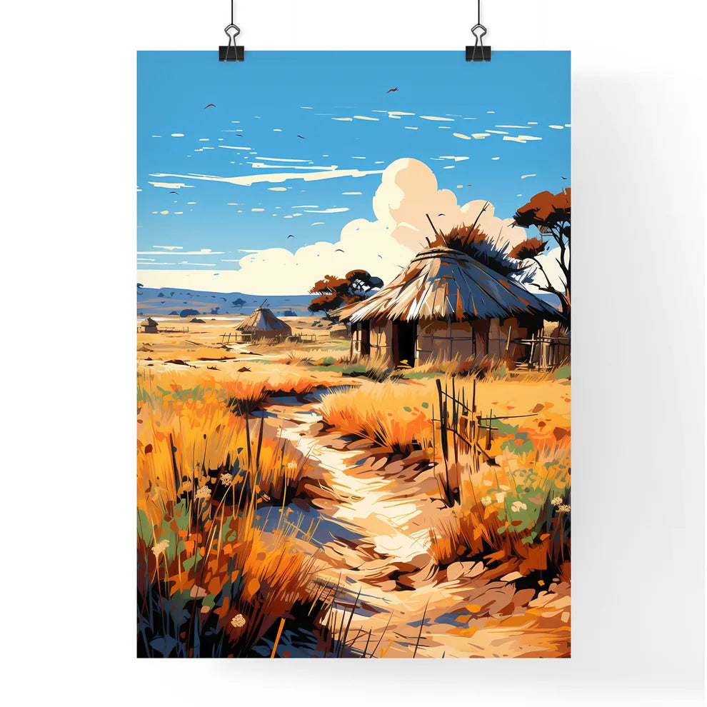 Massai - A Dirt Path Through A Field With Grass And Buildings Poster