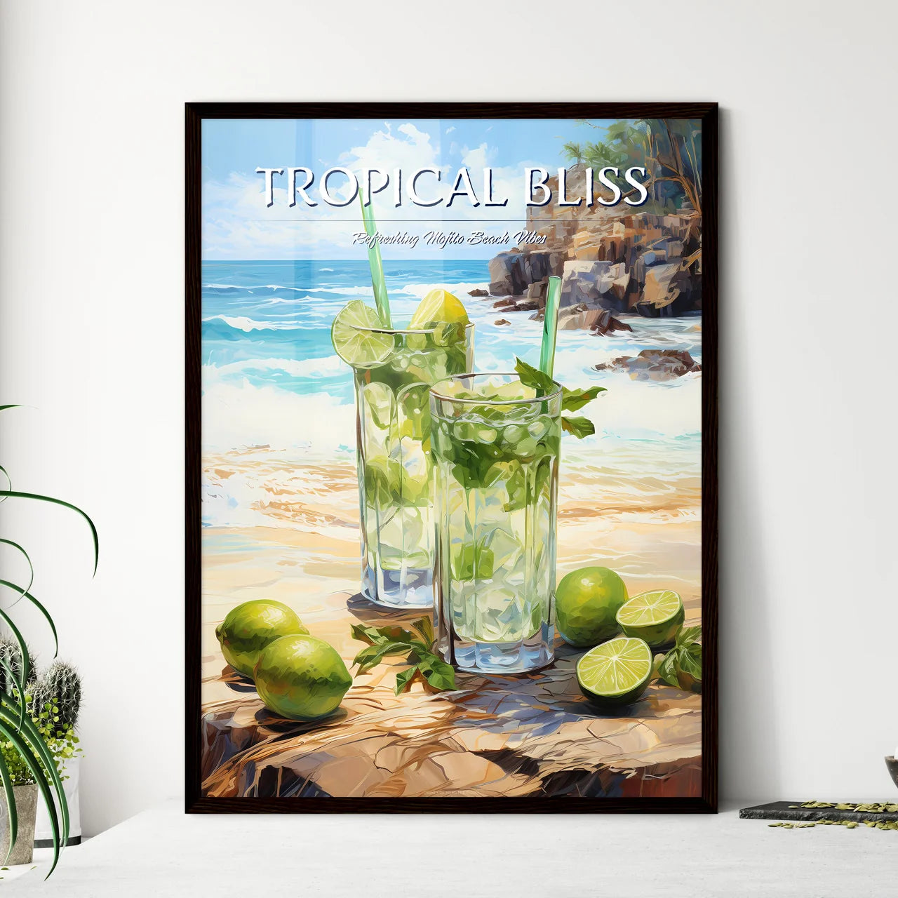 Mojito Cocktail On Beach Sand And Tropical S - Framed Art Print