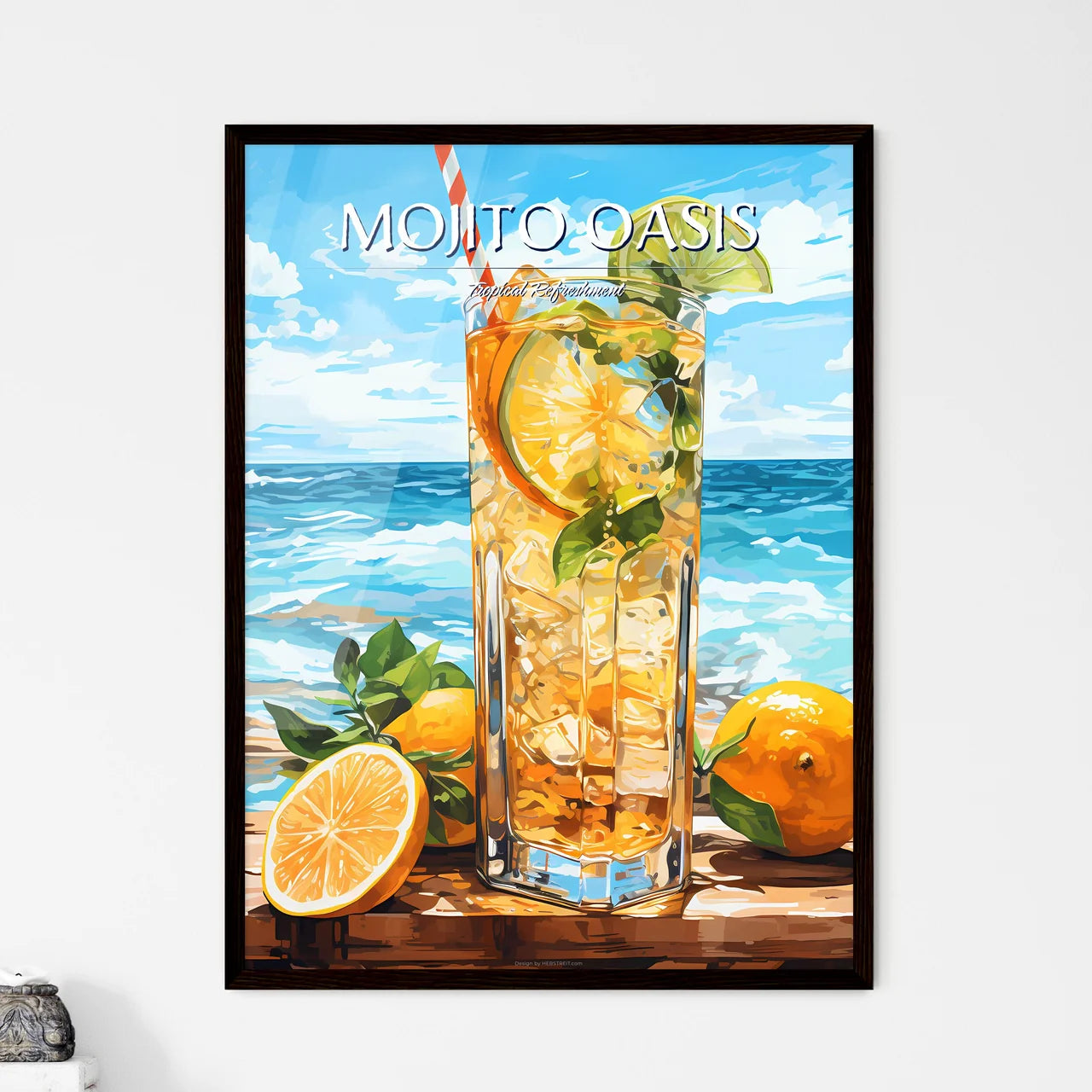 Mojito Cocktail On Beach Sand And Tropical S - Framed Art Print