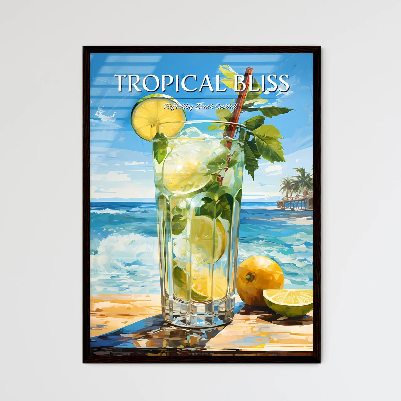 Mojito Cocktail On Beach Sand And Tropical S - Framed Art Print