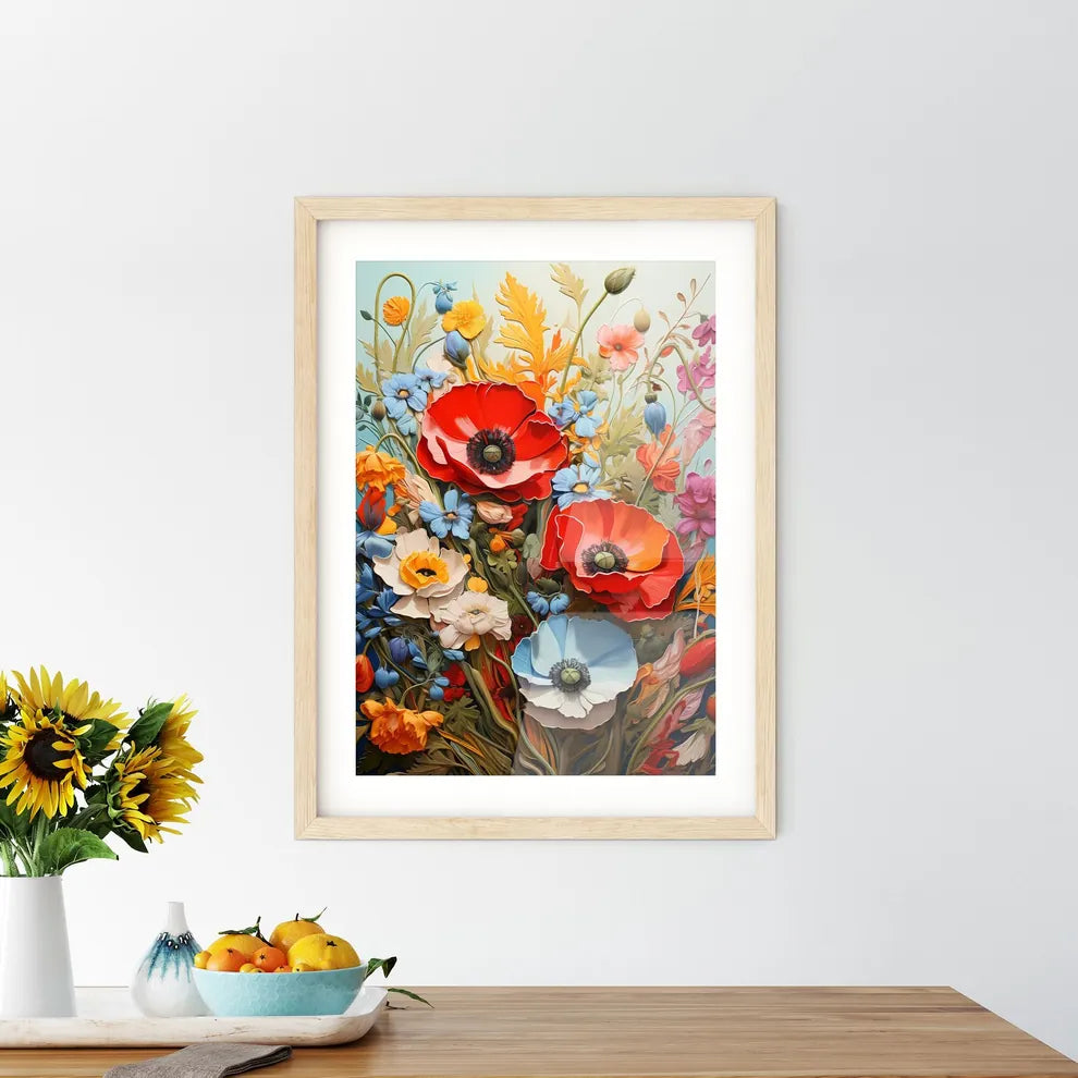 Oil Painting Poppy Dandelion Daisy Flowers I Framed Print