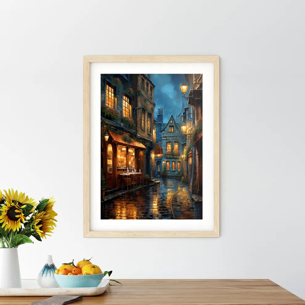 Old Galway City Streetkerwan S Lanedecorated - A Street With Buildings And Lamps Custom Print