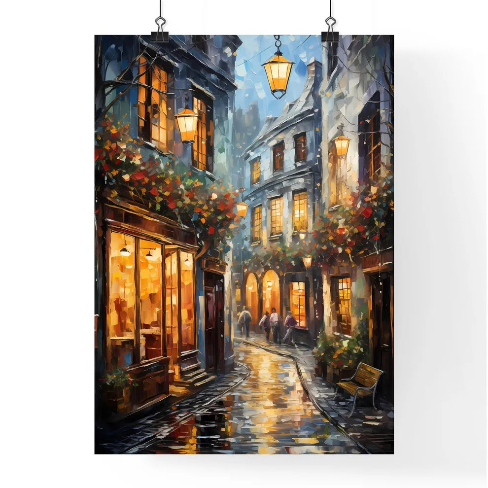 Old Galway City Streetkerwan S Lanedecorated - A Painting Of A Street With Buildings And People Walking Poster