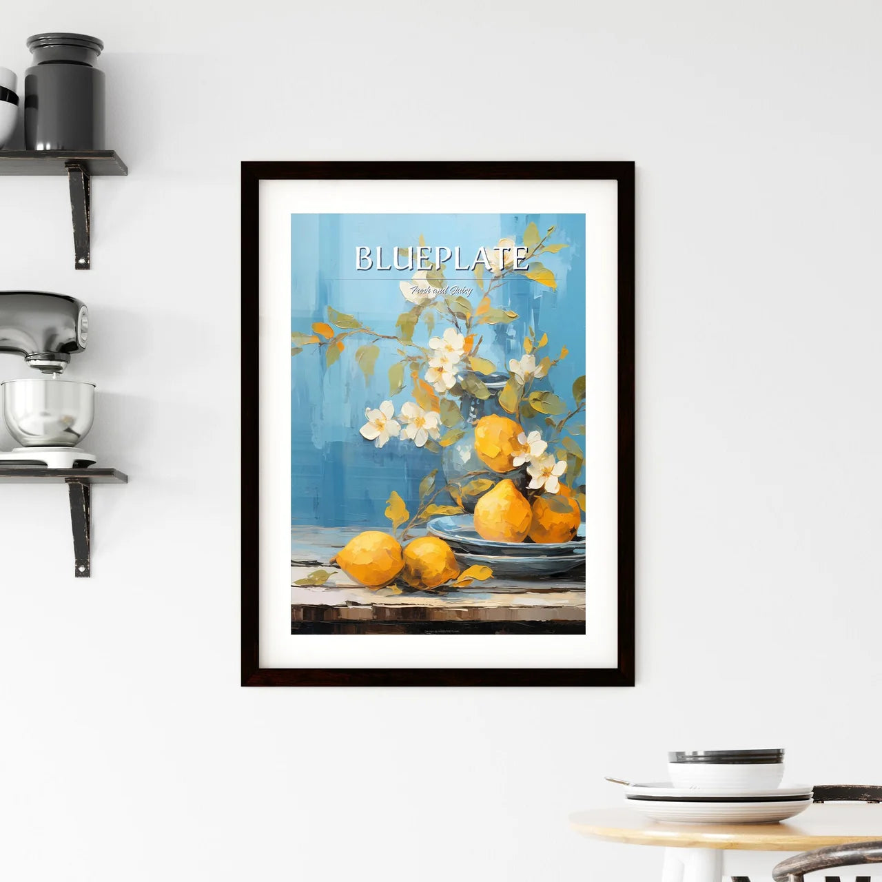 One Yellow Ripe Quince On The Blue Plate - A Framed Print