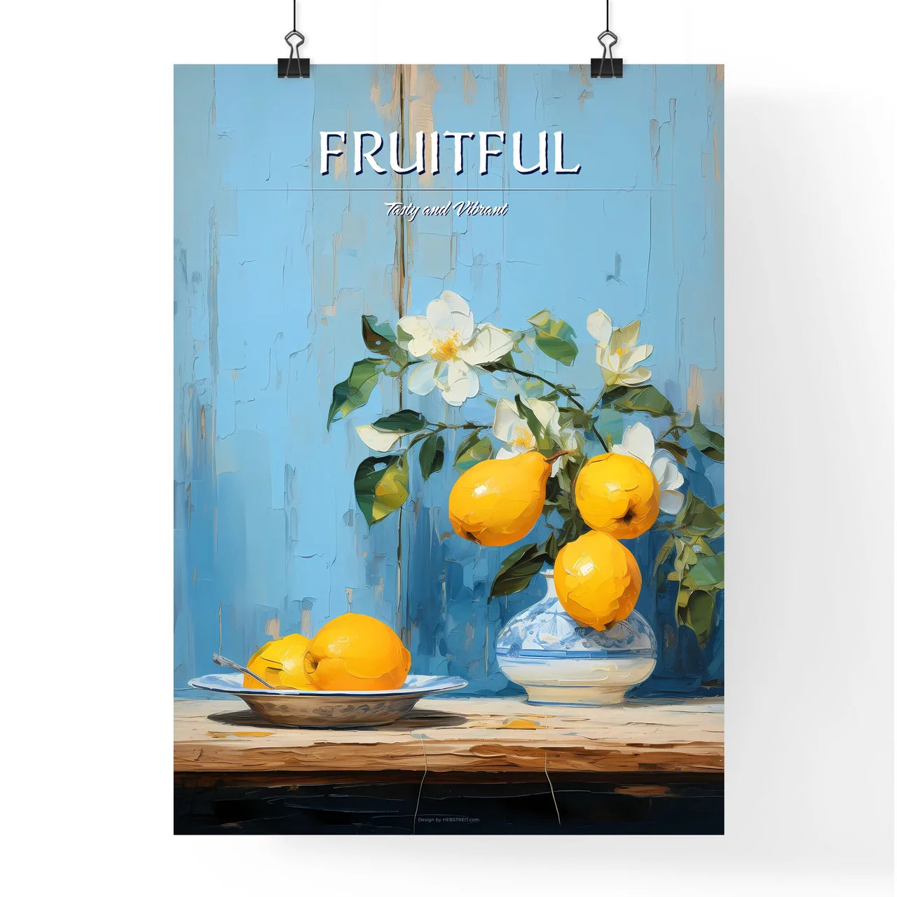 One Yellow Ripe Quince On The Blue Plate - A Poster