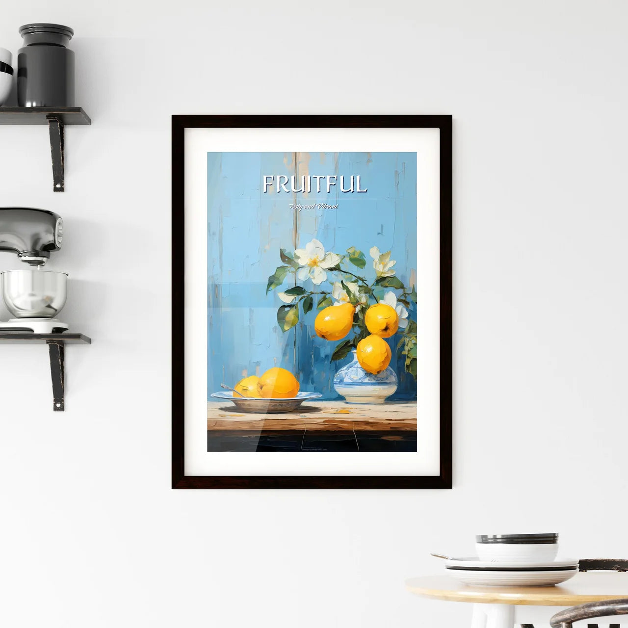 One Yellow Ripe Quince On The Blue Plate - A Framed Print