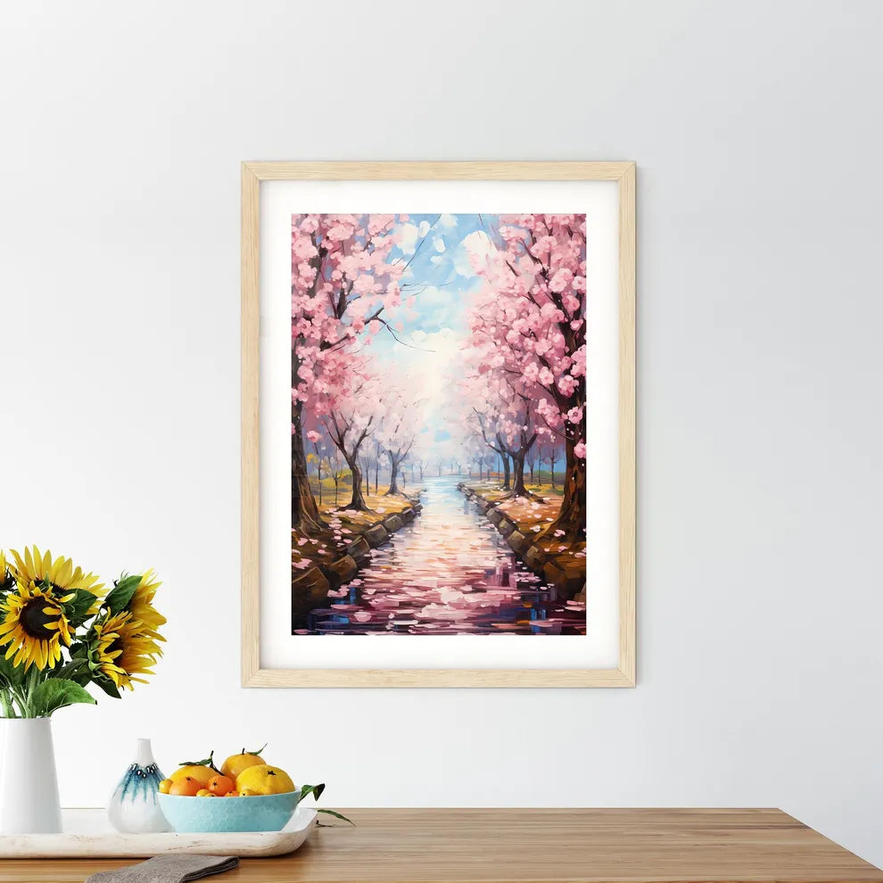 Perspective Under A Cherry Trees Row During  Framed Print