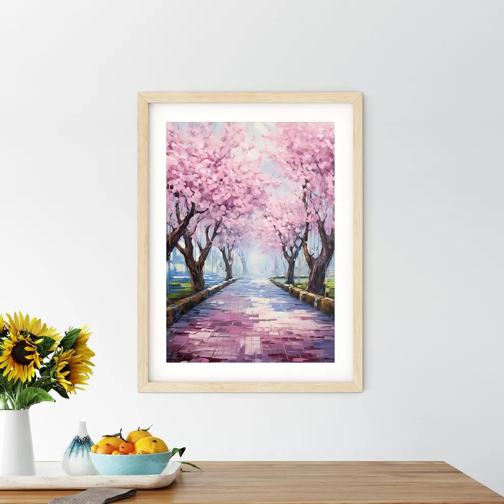 Perspective Under A Cherry Trees Row During  Framed Print