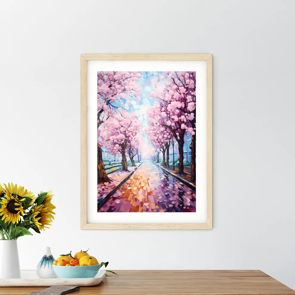Perspective Under A Cherry Trees Row During  Framed Print