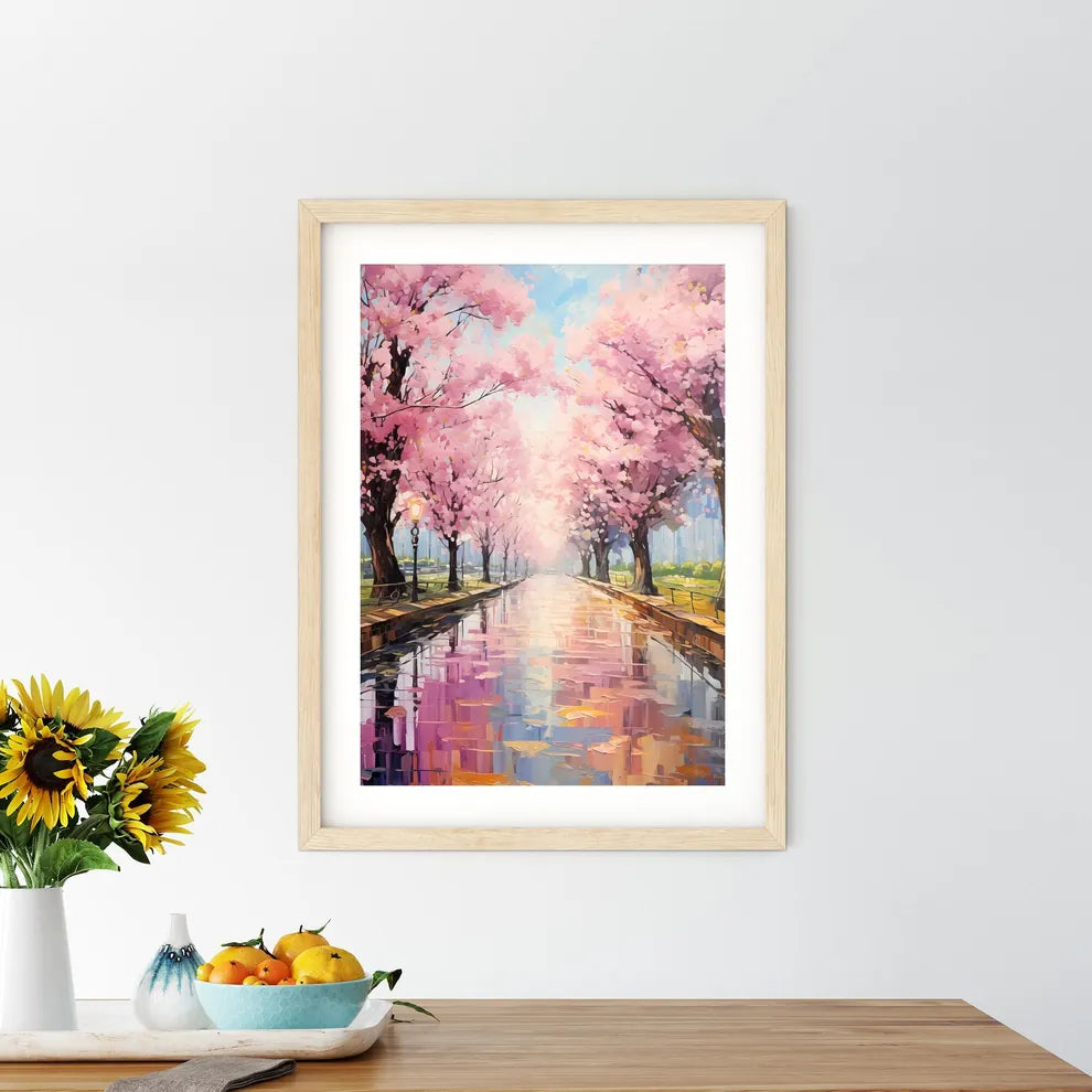 Perspective Under A Cherry Trees Row During  Framed Print