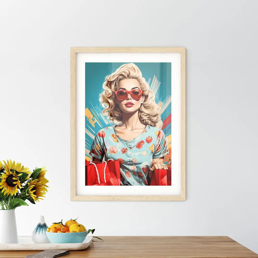 Pop Art Blond Women With Shopping Bags In Th Framed Print