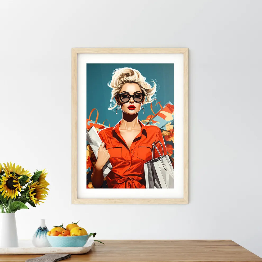 Pop Art Blond Women With Shopping Bags In Th Framed Print