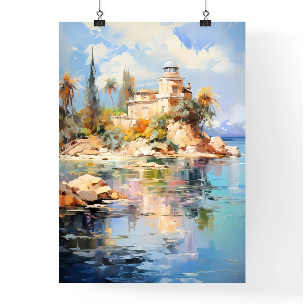 Private Island Surrounded By Sparklings - A Painting Of A Building On An Island Surrounded By Water Poster