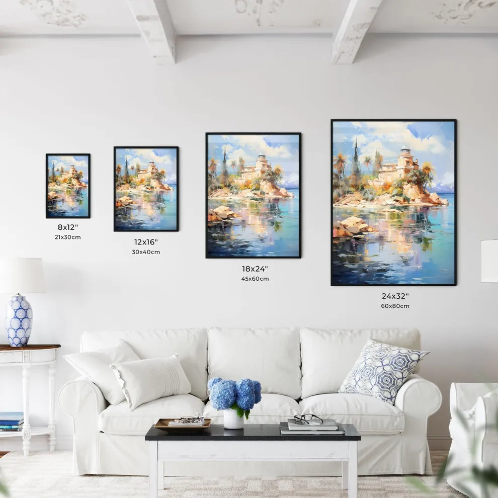 Private Island Surrounded By Sparklings - A Painting Of A Building On An Island Surrounded By Water Size Chart