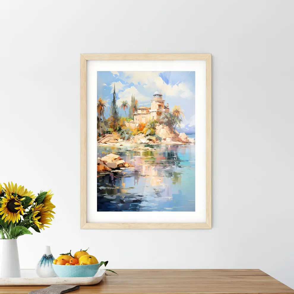 Private Island Surrounded By Sparklings - A Painting Of A Building On An Island Surrounded By Water Custom Print
