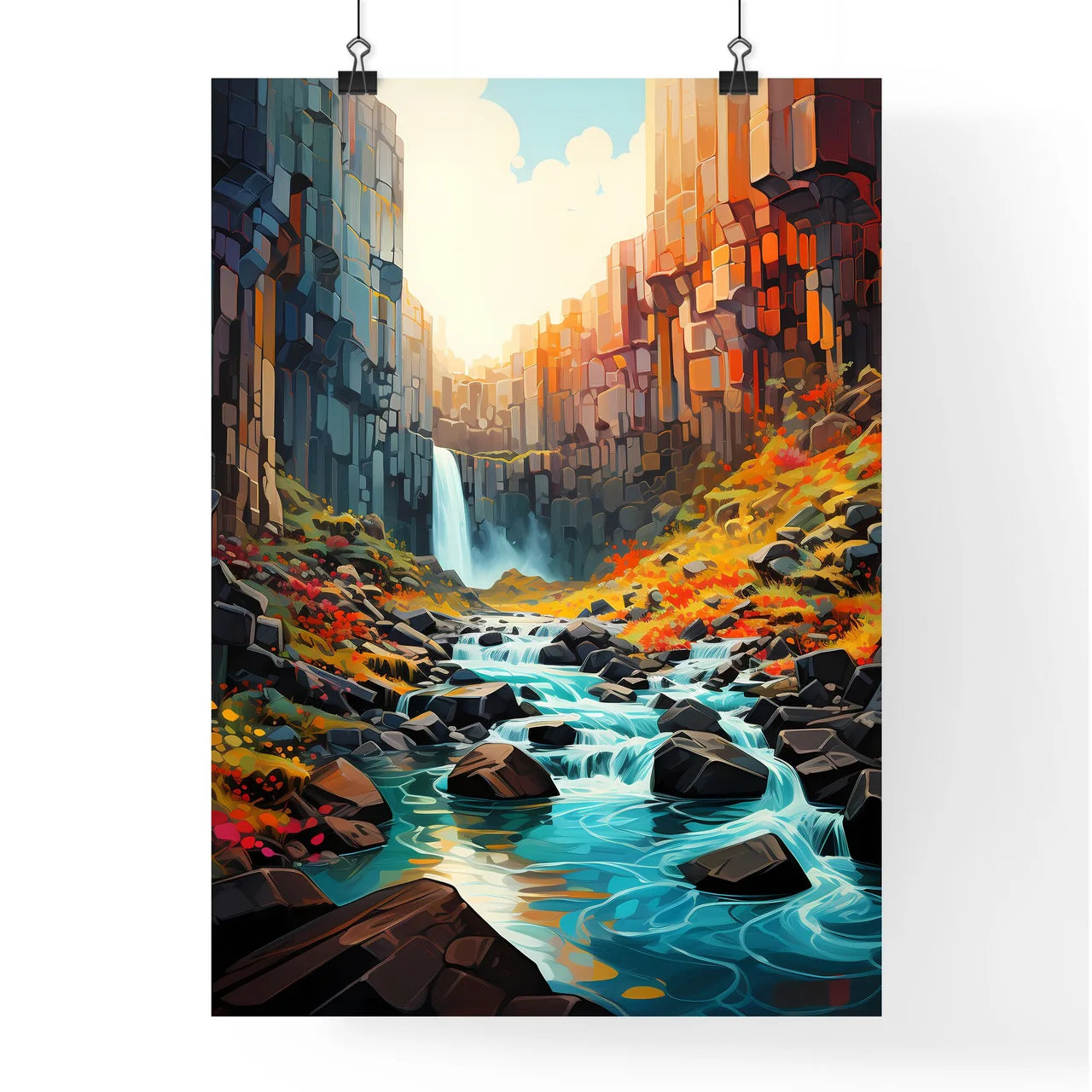 Svartifoss Waterfall In Skaftafell National Park - A River Flowing Through A Rocky Canyon Poster