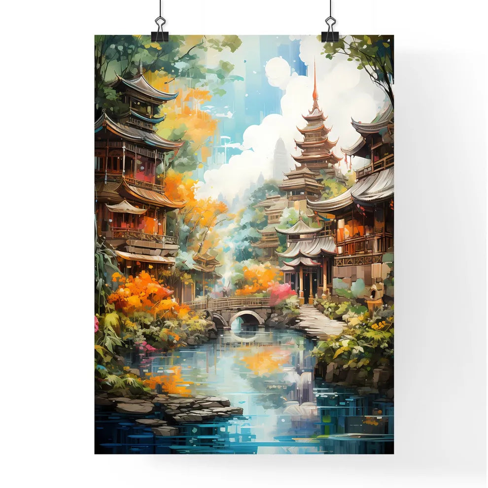 Travelling To Asian Countries Such As Thailand - A Painting Of A City With A River And A Bridge Poster