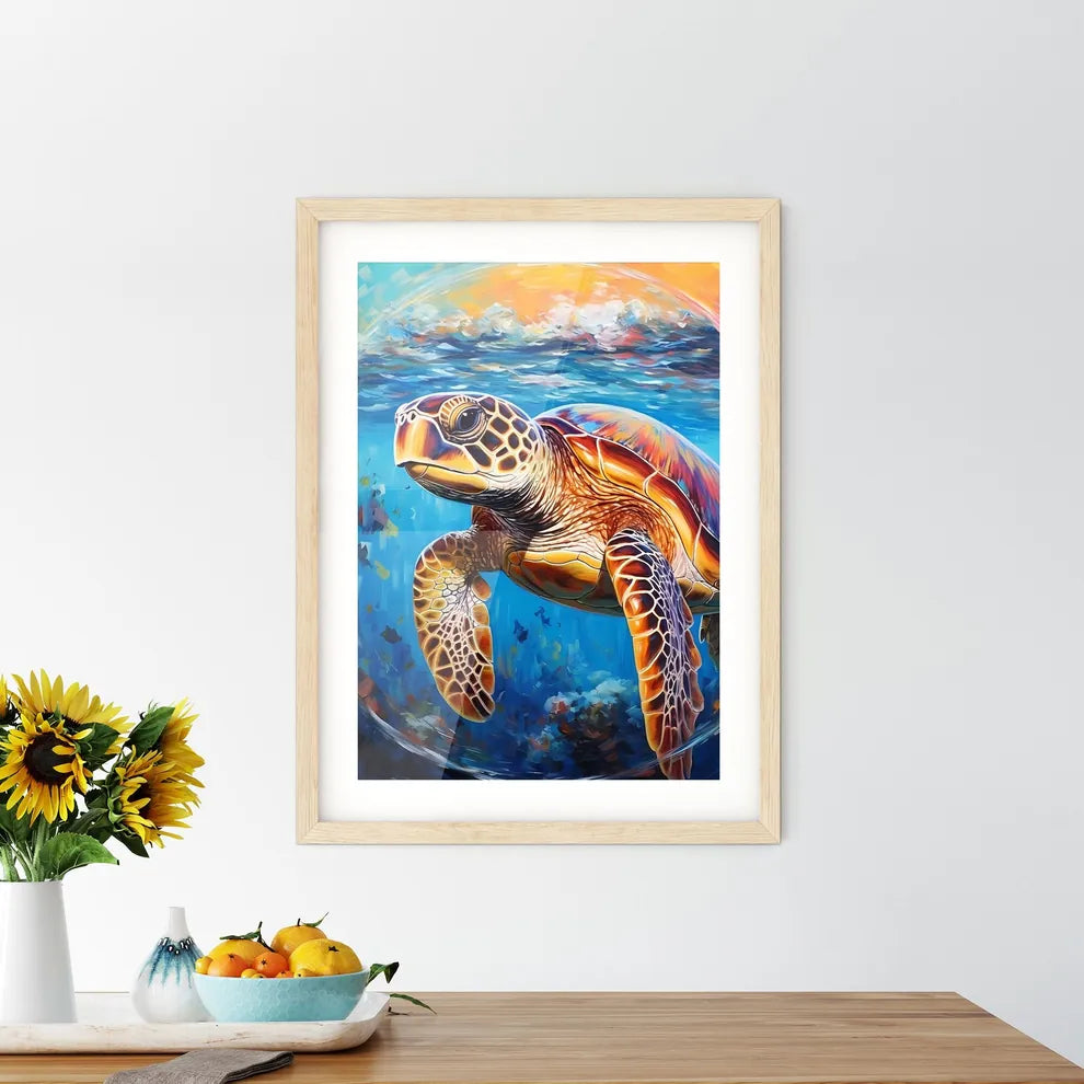 View Of Nice Sea Turtle Flying Down To The Ocean  Framed Print