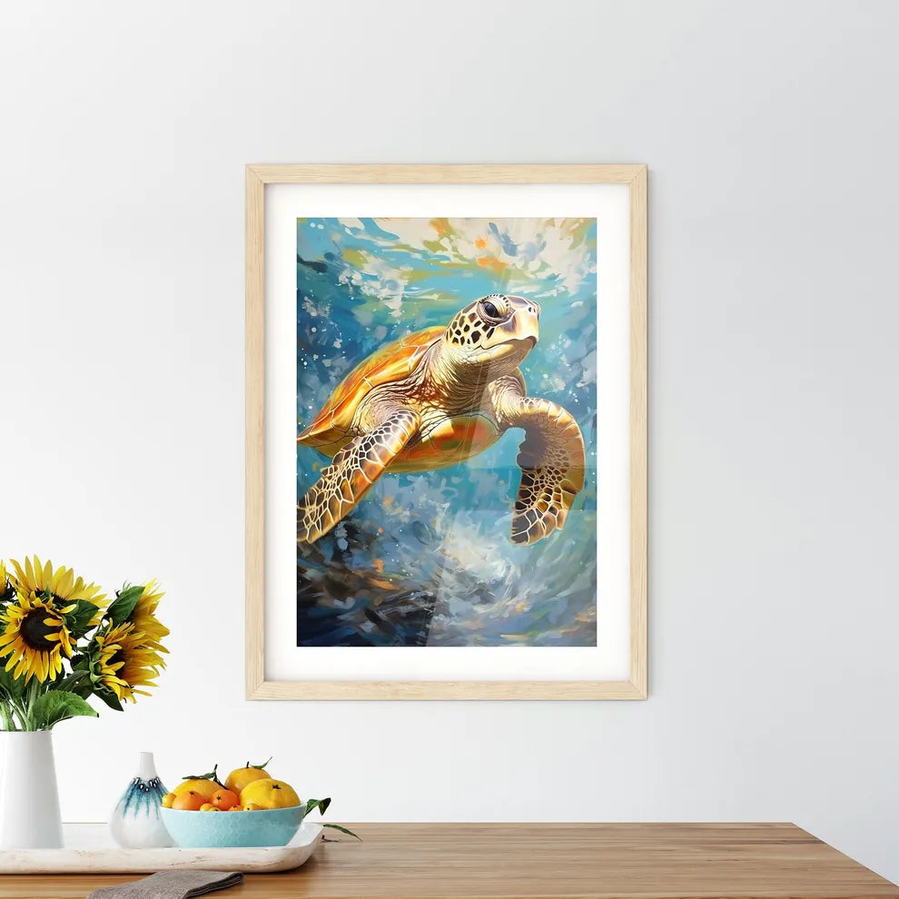 View Of Nice Sea Turtle Flying Down To The Ocean  Framed Print