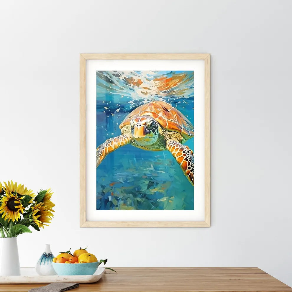 View Of Nice Sea Turtle Flying Down To The Ocean  Framed Print