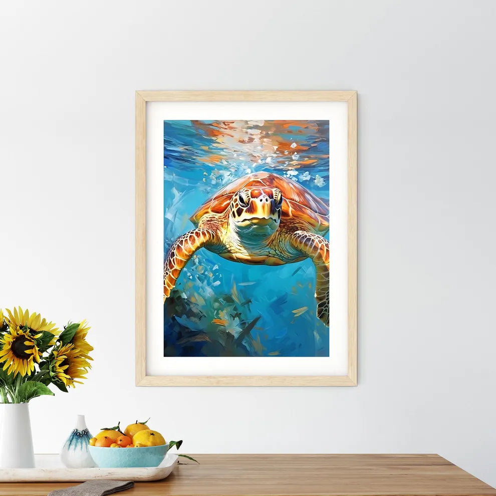 View Of Nice Sea Turtle Flying Down To The Ocean  Framed Print