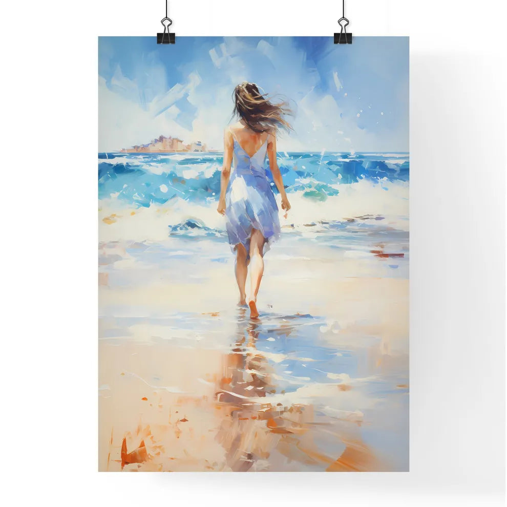 Woman Walking On Sand Beach Leaving Footprin Poster