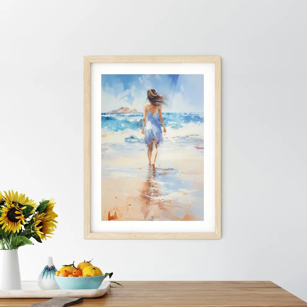Woman Walking On Sand Beach Leaving Footprin Framed Print
