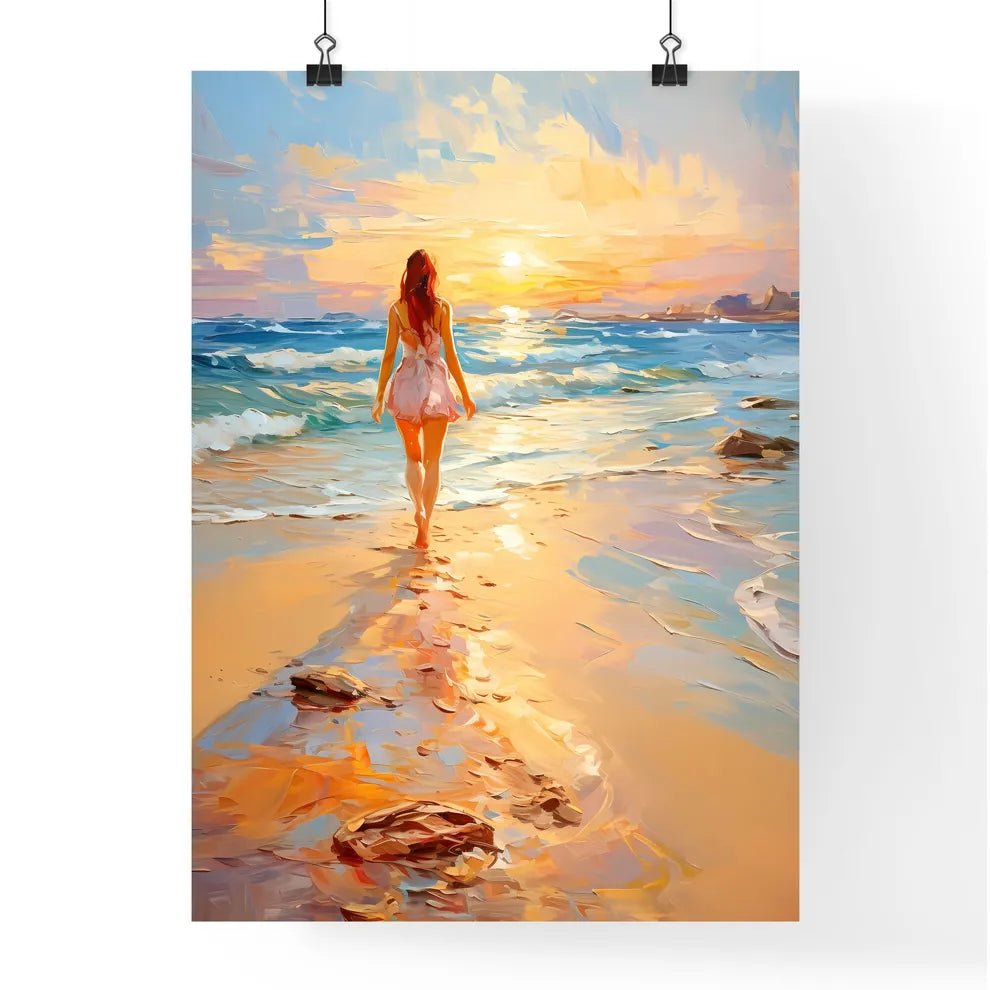 Woman Walking On Sand Beach Leaving Footprin Poster