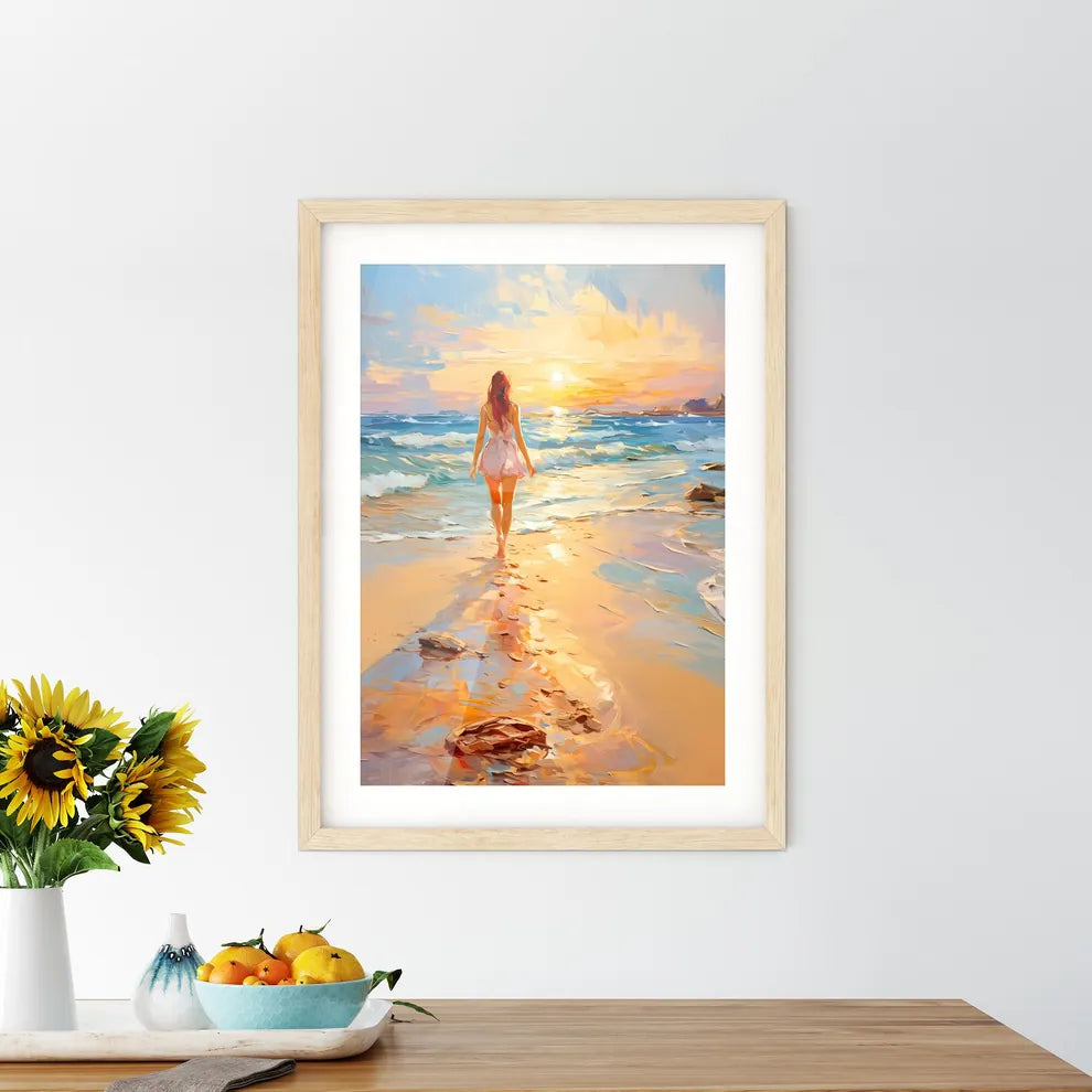 Woman Walking On Sand Beach Leaving Footprin Framed Print