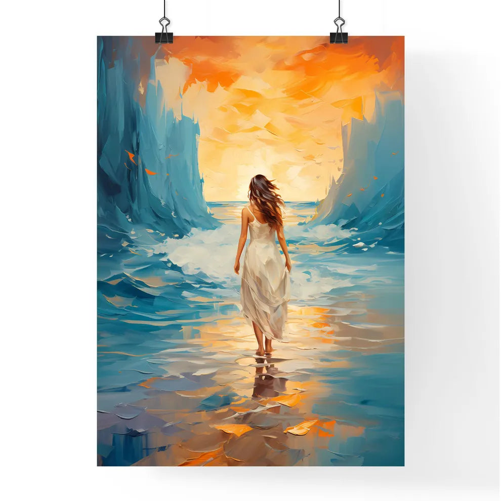 Woman Walking On Sand Beach Leaving Footprin Poster