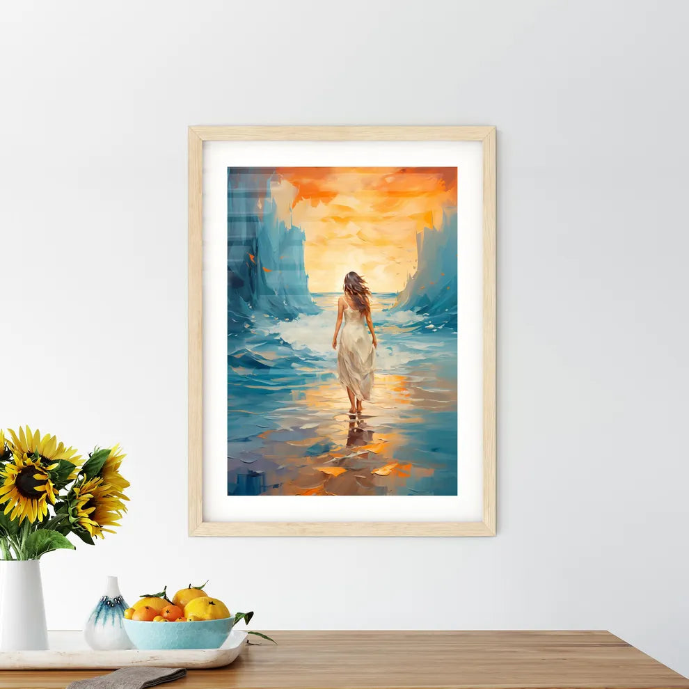 Woman Walking On Sand Beach Leaving Footprin Framed Print