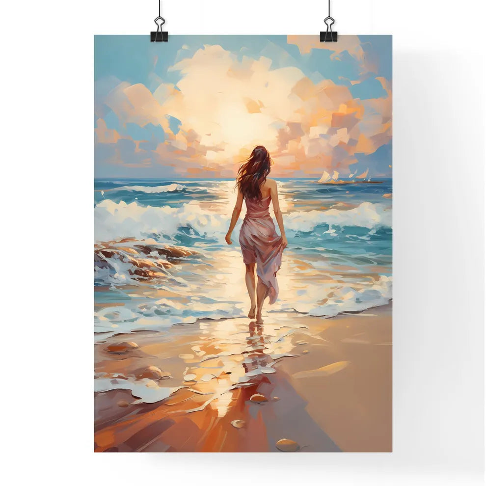 Woman Walking On Sand Beach Leaving Footprin Poster