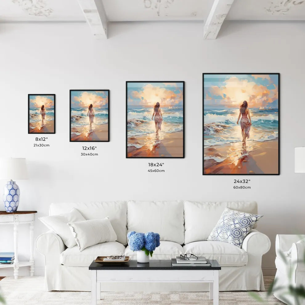 Woman Walking On Sand Beach Leaving Footprin - Kitchen Hangings