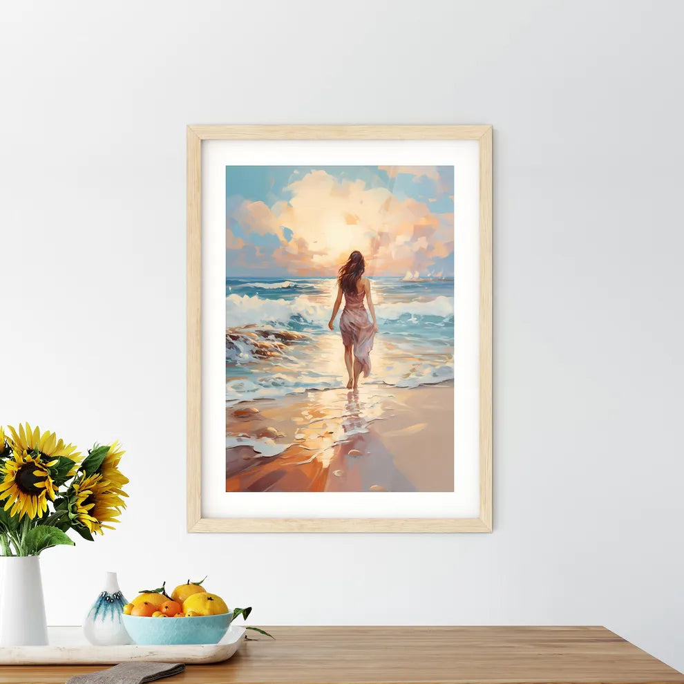 Woman Walking On Sand Beach Leaving Footprin Framed Print