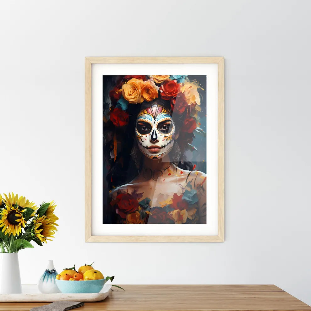 Woman With Dia De Los Muertos Makeup Black - Framed Print