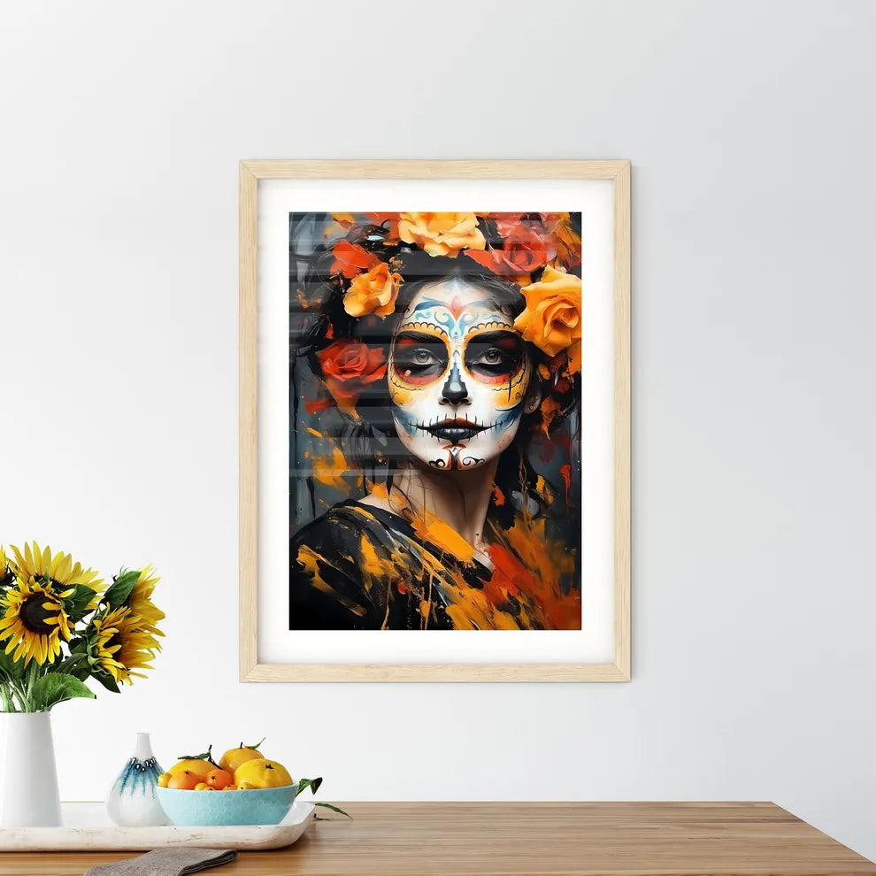 Woman With Dia De Los Muertos Makeup Black - Framed Print