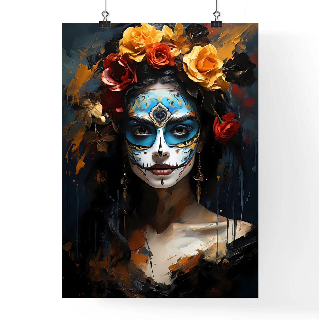 Woman With Dia De Los Muertos Makeup Black - Poster