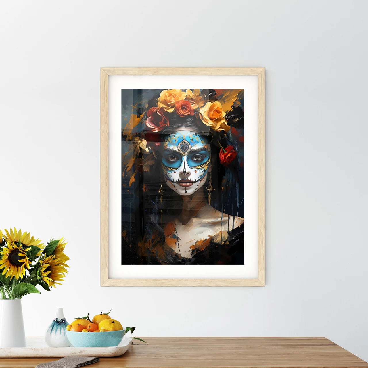 Woman With Dia De Los Muertos Makeup Black - Framed Print